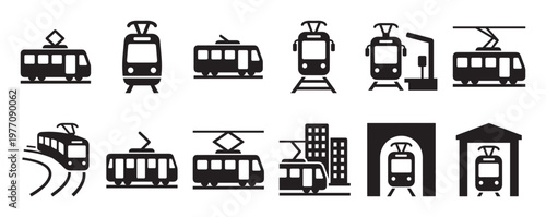 Collection of twelve black tram and trolley car icons in various poses, depicting urban public transport