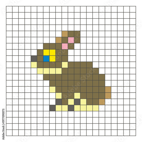A flat pixel design made of geometric square color blocks on a clean grid layout. Pixel art rabbit