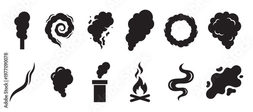 Various black smoke and steam icons are arranged in a grid, depicting different shapes and movements in a clean, graphic style