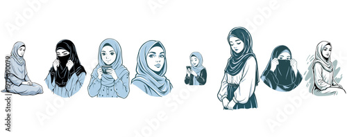 Collection of Illustrations of Muslim Women in Various Hijabs and Niqabs