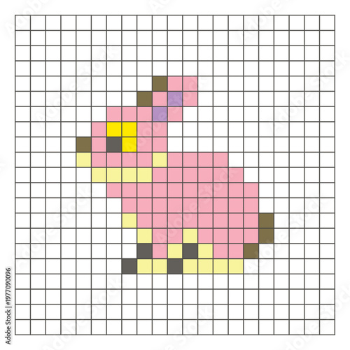 A flat pixel design made of geometric square color blocks on a clean grid layout. Pixel art rabbit