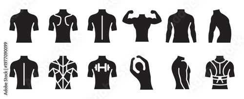 Various black silhouette human torso icons representing different body shapes, muscles, and posture correction devices in a clean, graphic style