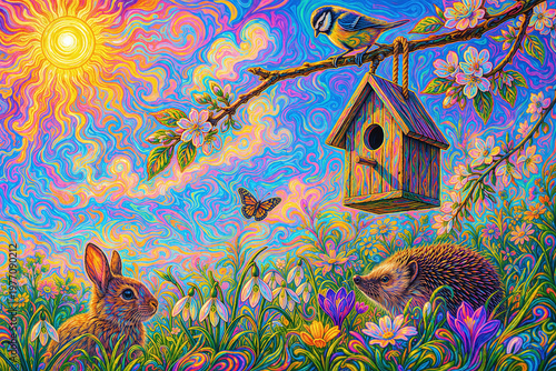 bird house on tree, psychedelic