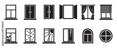 Various black silhouette window icons illustrate different styles, conditions, and accessories, including open, closed, broken, and with curtains or blinds