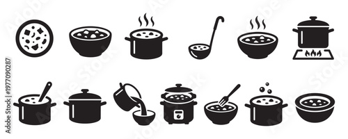 Collection of black and white cooking icons featuring various pots, bowls, and utensils with steaming food, presented in a clean graphic style