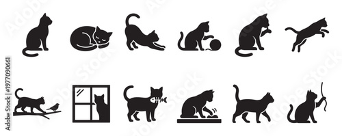 Collection of black cat silhouettes in various poses and activities, including sitting, sleeping, stretching, playing, and hunting, depicted with clean lines