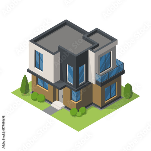 Isometric cottage icon. Suburb house composition with lawn vector illustration. Infographic element representing suburban building. Private house enterprises of real estate