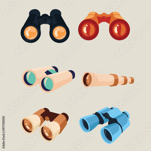 A vibrant collection of stylized observation tools, including various binoculars and telescopes, perfect for digital designs related to adventure, exploration, and distant viewing