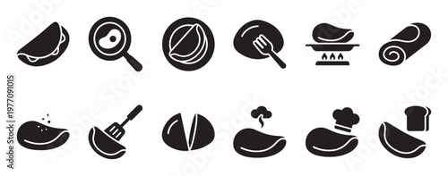 Collection of black silhouette food preparation and serving icons, including pancakes, eggs, and bread, presented in a clean graphic style