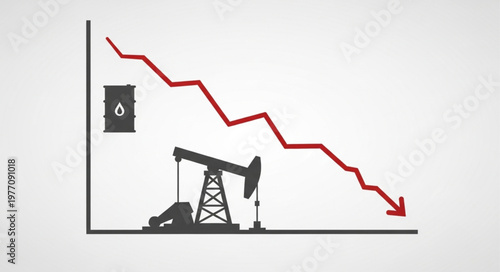 Oil price drop graph with pumpjack and barrel.