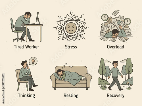 Burnout syndrome illustrations set: tired office worker, mental stress, workload overload, thinking, and recovery process