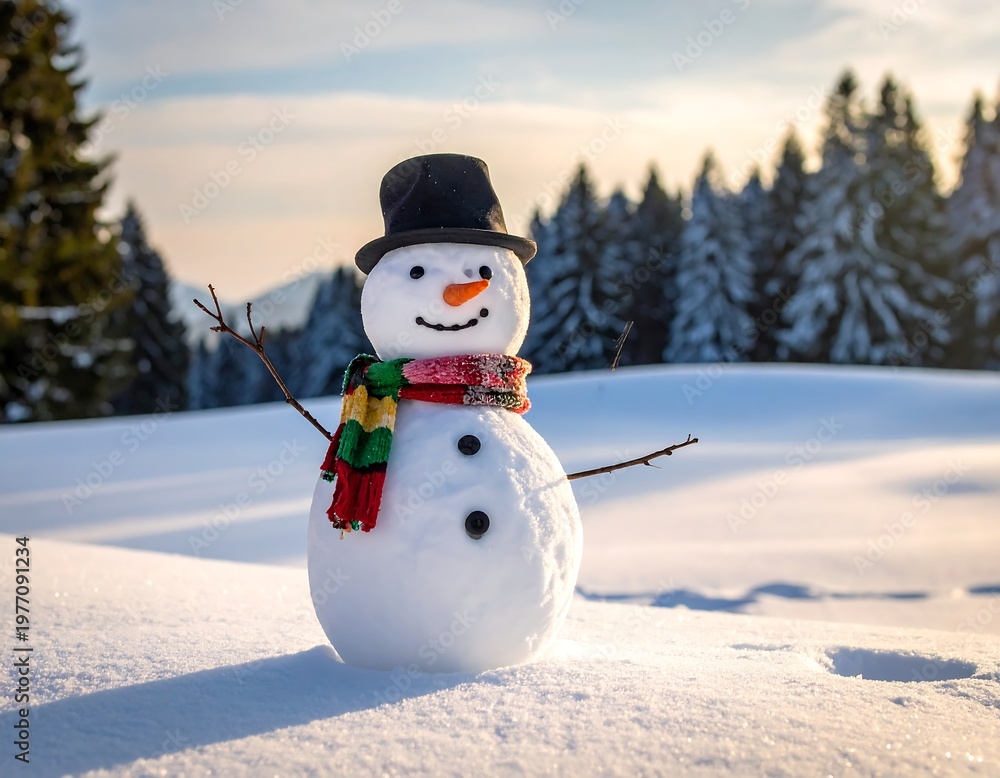 Obraz premium Charming Snowman Standing in a Snowy Winter Landscape.