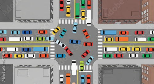Busy City Intersection With Heavy Traffic Congestion.