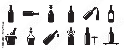 Collection of various black wine bottle silhouettes and related items, presented in a clean, modern icon style