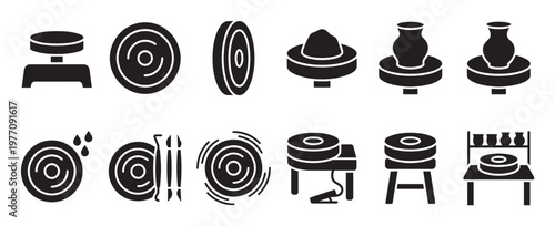 Collection of black silhouette pottery making icons illustrating various stages of clay work and tools, presented in a clean graphic style