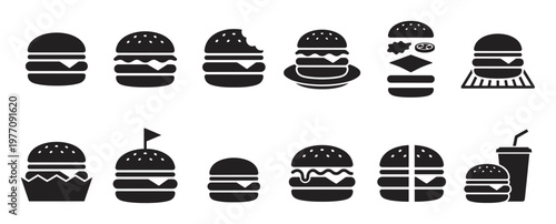 Various black silhouette burger icons with different styles and details, including a bitten burger and a combo meal