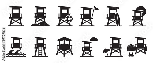 Collection of black silhouette lifeguard tower icons with various beach elements, depicted in a clean, graphic style