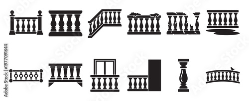 Collection of black silhouette balustrade icons in various styles, including stair railings, balconies, and decorative elements