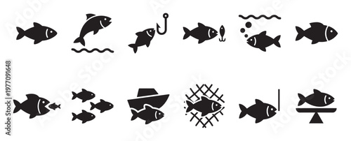 Collection of black fish icons illustrating various fishing activities, including jumping, hooked, caught in a net, and being weighed