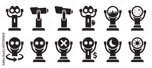 Collection of black silhouette coin-operated binocular icons, featuring various designs and viewing perspectives, presented in a clean, graphic style