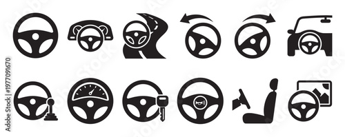 Collection of black and white car steering wheel icons representing driving, navigation, and vehicle controls