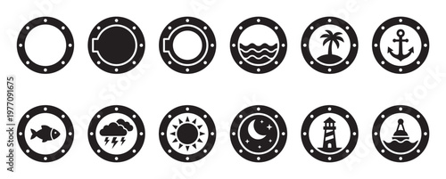 Collection of black and white porthole icons featuring various nautical and weather-related symbols, presented in a clean, graphic style
