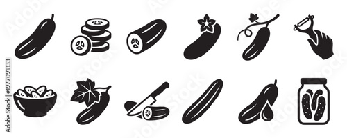 Various black cucumber icons depicting whole, sliced, peeled, and pickled forms, presented in a clean, graphic style