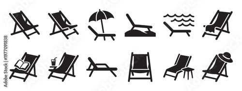 Collection of various black silhouette beach chair icons, depicting different styles and accessories for summer relaxation