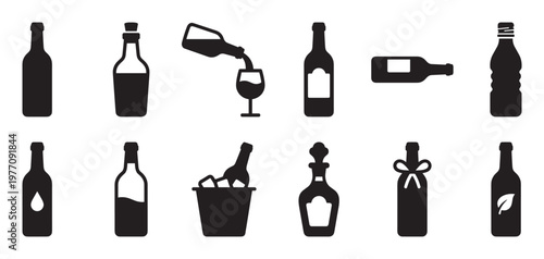 Diverse collection of black silhouette bottle icons, including wine, champagne, and various beverage containers, presented in a clean graphic style