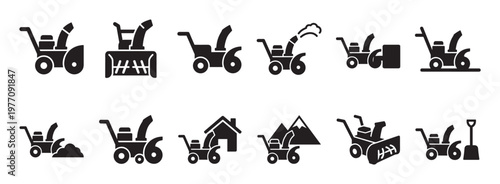 Collection of black silhouette snow blower icons, depicting various models and actions in a clean, modern vector style