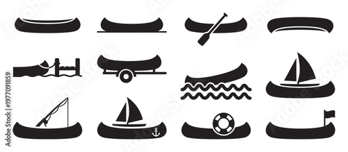 Collection of twelve black silhouette canoe icons depicting various activities and states, presented in a clean, graphic style