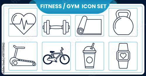 Fitness and gym icon set a collection of workout and health symbolsFitness and gym icon set a collection of workout and health symbols