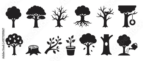 Various black silhouette tree icons depicting different stages of growth, from saplings to mature trees, with distinct features and details