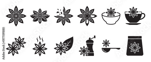 Various black star anise spice icons are arranged in a grid, showcasing different forms and uses of the aromatic ingredient