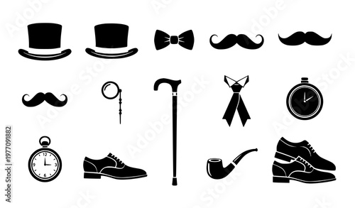 Gentleman icon set vintage accessories mustache hat monocle vector illustration