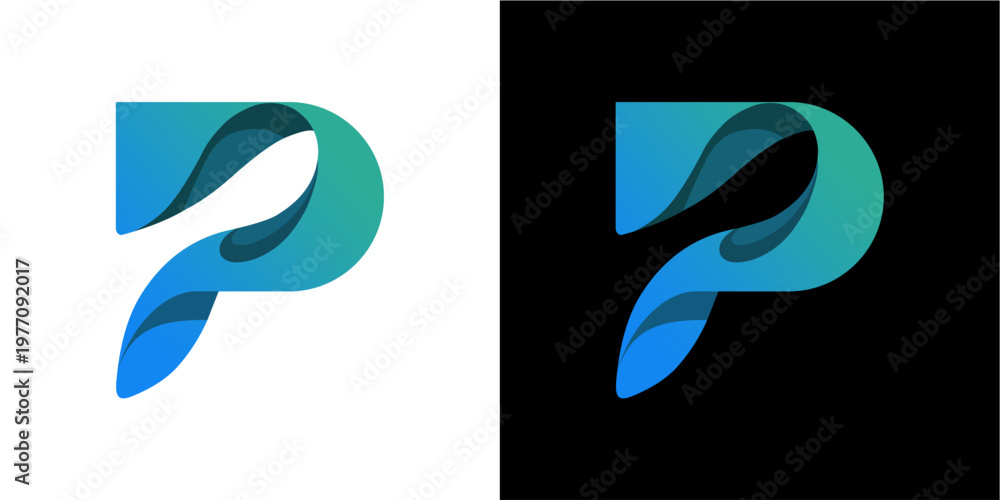Fototapeta premium A stylized letter P logo featuring dynamic blue and green gradient waves. Shown on both a clean white and a contrasting black background, this design is ideal for branding, technology, or creative ind
