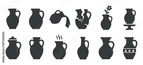 Collection of various dark silhouette ceramic jugs and pitchers in different shapes and conditions, presented as simple icons