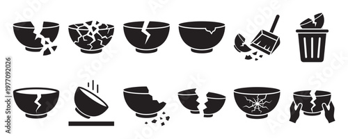Various black silhouette icons depicting broken bowls in different states, including cracked, shattered, falling, and being swept into a trash can