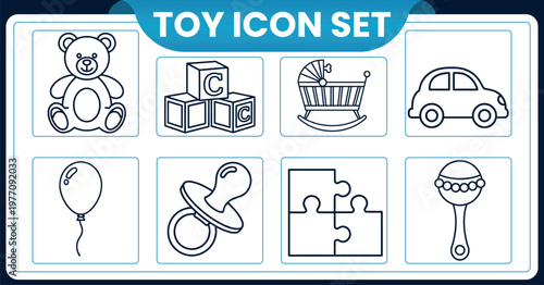 Toy icon set line art illustrations of classic childhood playthingsToy icon set line art illustrations of classic childhood playthings