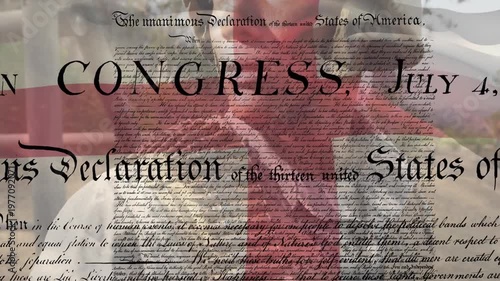 Animation of declaration of independence transcription and england flag over caucasian army soldier