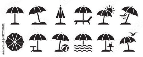 Collection of black silhouette beach umbrella icons depicting various summer vacation scenarios and elements, presented in a clean, graphic style