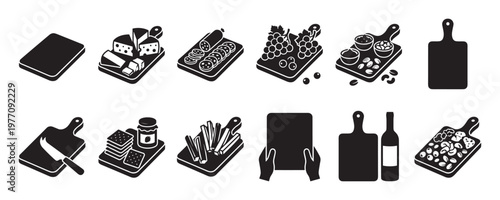 Collection of black and white icons featuring various cutting boards with different food items and kitchen utensils, presented in a clean, graphic style