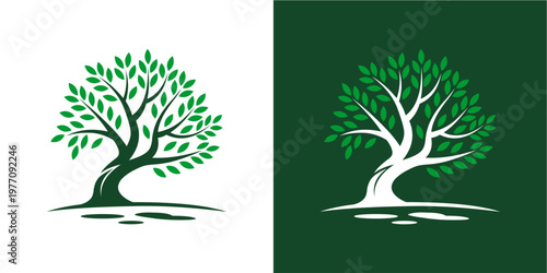 Elegant minimalist illustration of a solitary tree with lush green foliage reflecting on calm water, presented in contrasting light and dark backgrounds. Ideal for nature-themed designs, environmental