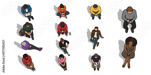 Top View Sitting People Color Set, Overhead Diverse Seated Characters Collection with Shadows, Urban Crowd Waiting and Relaxing Vector Illustration for Architecture Plans