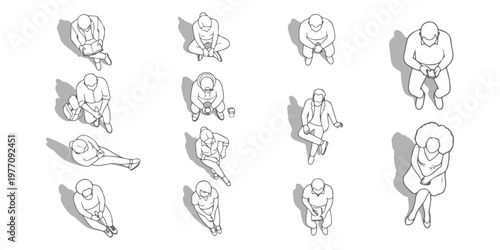Top View Sitting People White Fill Set, Overhead Diverse Seated Characters Collection with Clean Solid Shapes and Shadows, Urban Crowd Waiting and Resting Vector for Architecture Plans