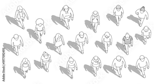 Top View White Fill People Walking Set, Overhead Crowd Characters with Clean Solid Shapes and Shadows, Urban Pedestrian Vector Collection for Architecture Plans, City Design and Crowd Scenes