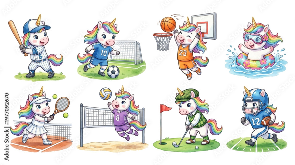 Fototapeta premium Set of Funny cartoon vector set illustration of a Unicorn Horse character playing with sport featuring an animal icon collection watercolor pastel style Sticker Design 