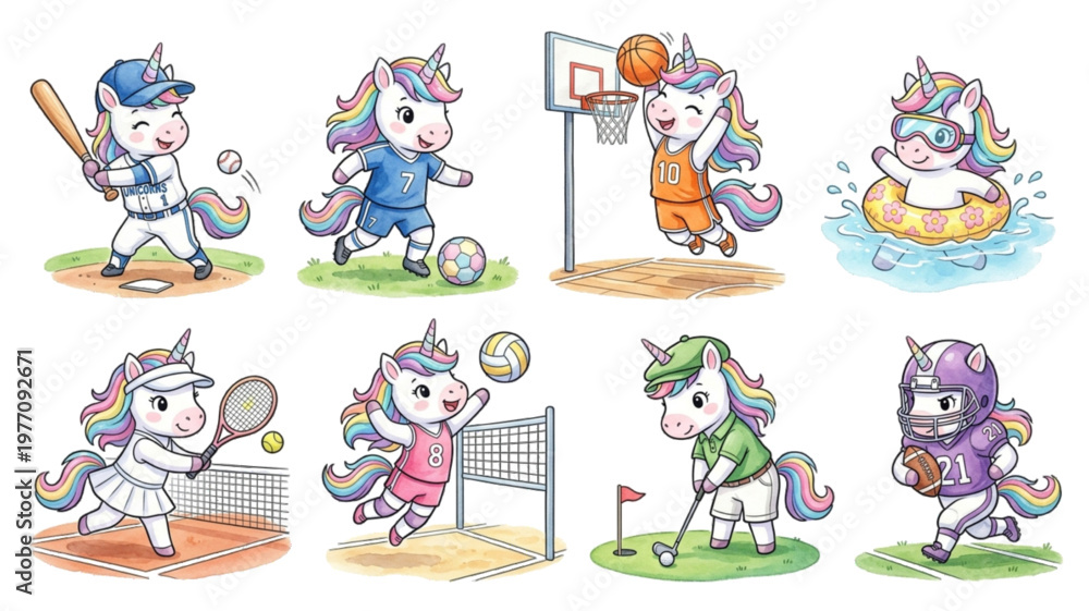 Fototapeta premium Set of Funny cartoon vector set illustration of a Unicorn Horse character playing with sport featuring an animal icon collection watercolor pastel style Sticker Design 