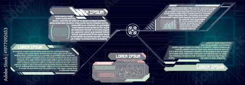 Futuristic HUD display with user interface elements. Glowing data windows, graphs, and a warning panel on a dark blue background with circuit lines. High-tech, sci-fi style illustration