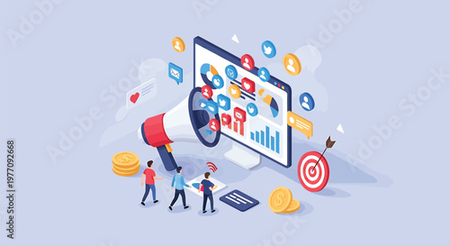 Business marketing strategy, digital advertising concept, vector illustration, flat design, colorful graphics